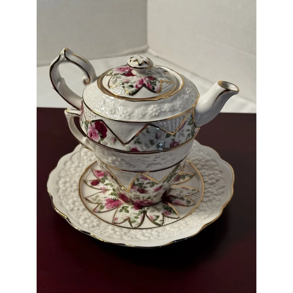 4 piece Grace teaware tea for one Rose Floral Teapot Cup Saucer & cookie‎ tray